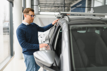 Handsome bearded buyer in casual wear in dealership.の写真素材
