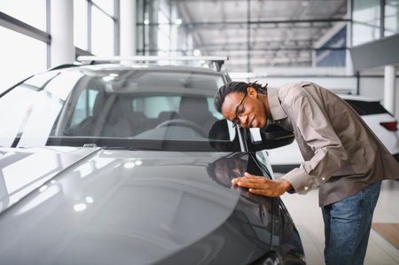 Portrait of a happy African man smiling posing near his new car at the local dealership.の写真素材
