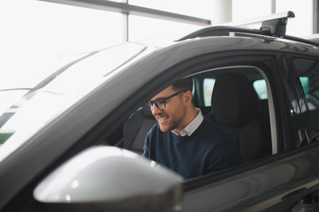 Man buying a car at a showroom.