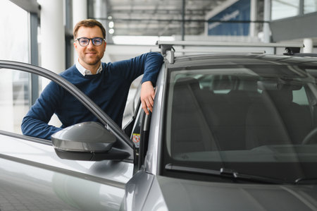 I got a new car today. Portrait of a happy mature man smiling posing near his new car at the local...