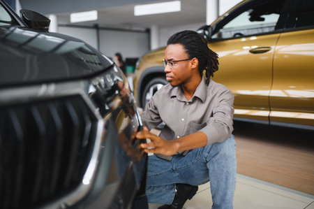 Portrait of a happy African man smiling posing near his new car at the local dealership.の写真素材