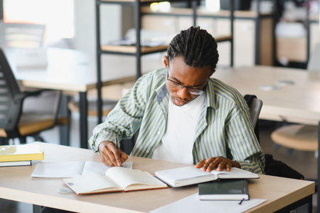 Young man writing notes while studying textbooks in university library, preparing for exams and...