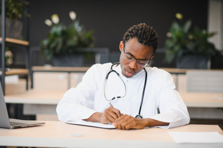 Focused male practitioner in white coat with stethoscope writing notes on clipboard while sitting at desk in contemporary hospital officeの写真素材