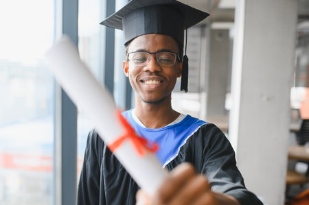 Smiling african american medical student proudly holding diploma after graduation ceremony, celebrating a significant achievement in educationの写真素材