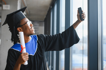 Young man in a graduation gown, proudly holding his diploma while taking a joyful selfie with his smartphone, celebrating his achievementの写真素材