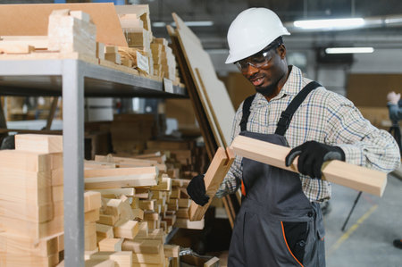 Carpenter wearing safety gear, carefully matching wooden planks in a bustling furniture factory, ensuring precision in productionの写真素材