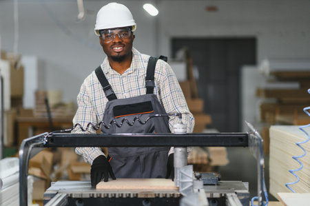 Carpenter operating a cnc machine, cutting wood panels for furniture production in a modern factoryの写真素材