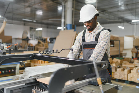 Focused african american carpenter operating a modern woodworking machine, producing furniture...