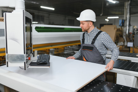 Carpenter placing wooden board on cnc machine in a furniture factory, showcasing modern woodworking...