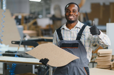 Smiling carpenter giving a thumbs up while holding a piece of wood, confidently standing in a bustling furniture factory environmentの写真素材