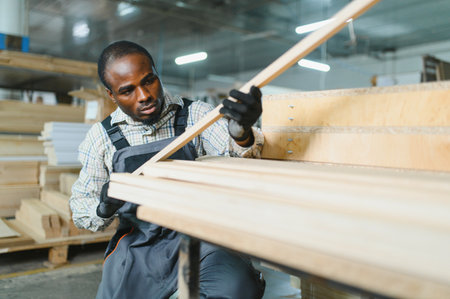 Carpenter examining wooden planks in a furniture factory, ensuring quality for sofa production