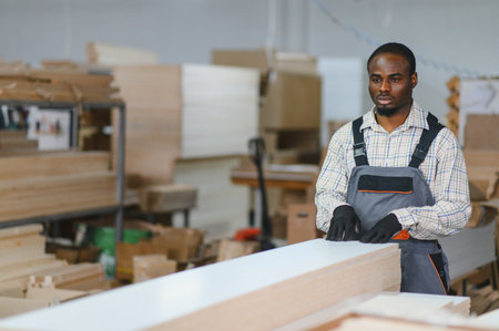 Carpenter wearing gloves skillfully preparing a wood plank in a bustling furniture factory, showcasing the art of craftsmanship and productionの写真素材