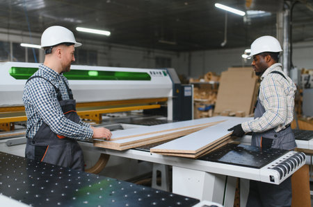 Two carpenters collaborating on wooden planks while working near a cnc machine in an active...