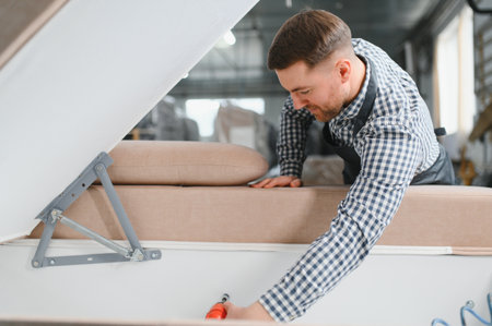 Carpenter using screwdriver assembling sofa frame in furniture workshop, focusing on manufacturing...