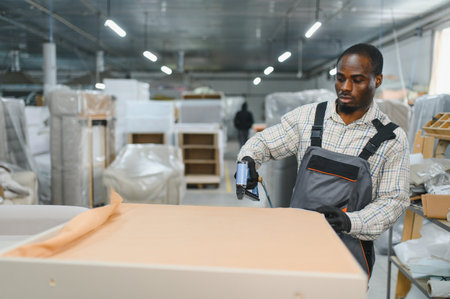 Carpenter using a pneumatic staple gun to upholster furniture in a bustling workshop, demonstrating skilled craftsmanship and manual laborの写真素材