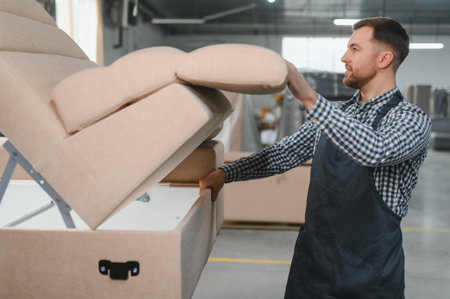 Carpenter assembling a sofa in a bustling furniture factory, showcasing the intricate production process of quality upholstered furnitureの写真素材