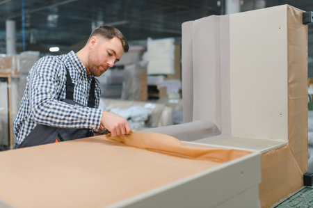 Carpenter applying protective paper on a sofa frame while working diligently in a furniture factory, showing casing skilled craftsmanship and attention to detailの写真素材