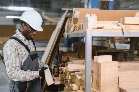 African american worker in a furniture factory examines wooden pieces for sofa production, ensuring...
