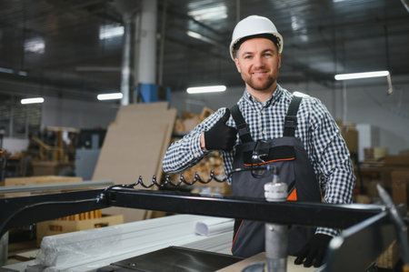 Skilled carpenter showing thumbs up while working with modern cnc machinery in a busy furniture factory, highlighting quality craftsmanship and job satisfactionの写真素材