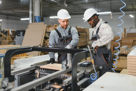 Two factory workers operating a cnc machine in a furniture manufacturing facility, producing furniture componentsの写真素材