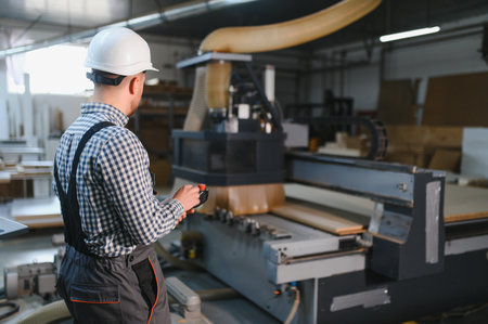 Carpenter controlling a cnc wood router in a furniture factory, showcasing advanced manufacturing processesの写真素材