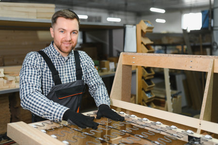 Carpenter skillfully assembling a wooden sofa frame with zig zag springs in a bustling furniture factory, showcasing expert craftsmanshipの写真素材