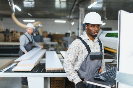 Two factory workers operating a cnc machine in a furniture factory, producing wooden parts for sofas...