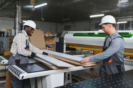 Two carpenters collaborating while moving processed wood planks beside a cnc machine in a bustling furniture factory environmentの写真素材