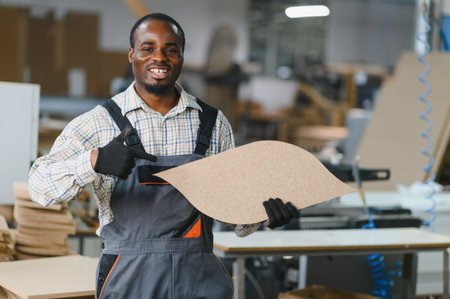 Smiling african american carpenter pointing at a piece of wood while working in a busy furniture factory filled with activity and craftsmanshipの写真素材