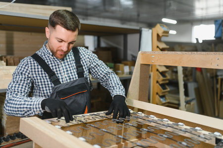 Carpenter carefully installing springs on wooden sofa frame, focusing on craftsmanship and precision...