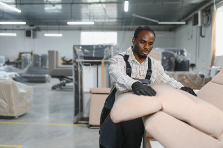 Skilled craftsman working on a sofa in a furniture factory, demonstrating quality control and craftsmanshipの写真素材