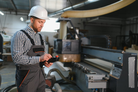 Carpenter controlling a cnc wood router in a furniture factory, focusing on precision and modern...