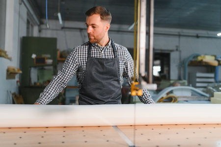 Worker in a furniture factory focuses on operating a cnc machine for precise sofa production, highlighting craftsmanship and technology integrationの写真素材