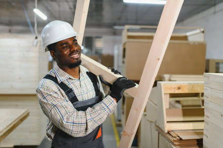 African american worker in a furniture factory carrying wooden planks, showcasing craftsmanship and...