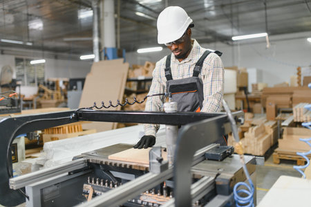 Skilled carpenter operating a cnc machine, carefully positioning a piece of wood for precise cutting...
