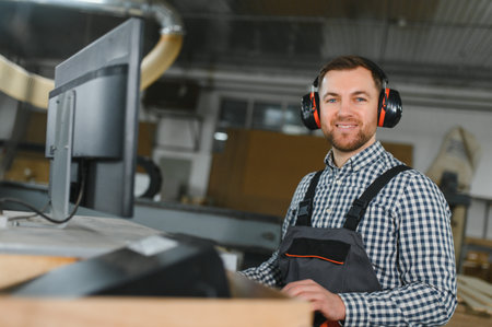 Smiling carpenter wearing ear protection while programming a cnc machine in a bustling furniture factory, showcasing skilled craftsmanshipの写真素材