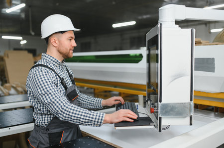 Carpenter wearing safety helmet operating cnc machinery in a furniture factory, controlling the...