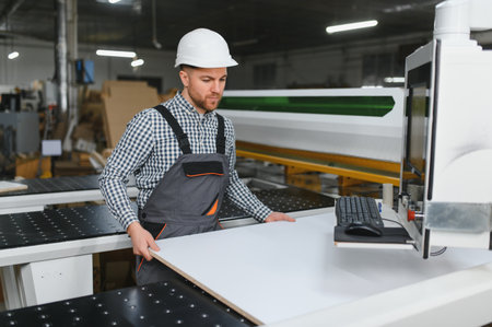 Carpenter wearing safety helmet placing wooden board on modern cnc machine in furniture factory
