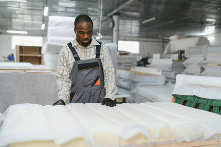 African american craftsman checking the quality of sofa mattress at furniture factory warehouse, production process of upholstered furnitureの写真素材