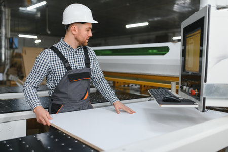 Worker in a furniture factory operates a cnc machine, focusing on precision and efficiency in sofa...