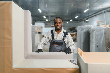 African American worker operates in a furniture factory, assembling a sofa. Surroundings include machinery and materials for sofa productionの写真素材