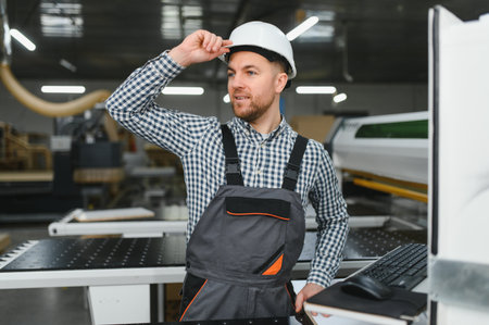 Carpenter wearing overalls and a protective helmet, skillfully working in a bustling furniture...