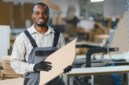 Smiling carpenter proudly holding a shaped piece of wood inside a bustling furniture factory,...