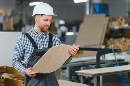 Carpenter wearing hardhat examining a wood panel in a furniture factory, focusing on quality control and craftsmanshipの写真素材