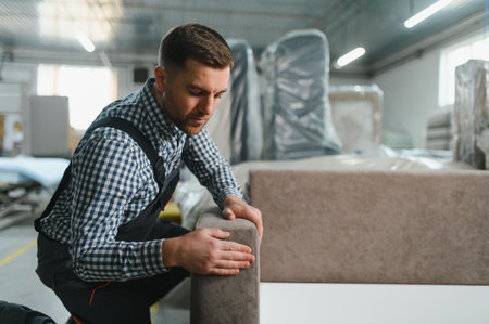 Worker carefully inspecting a newly produced sofa in a furniture factory, surrounded by materials and machinery, ensuring quality and precisionの写真素材