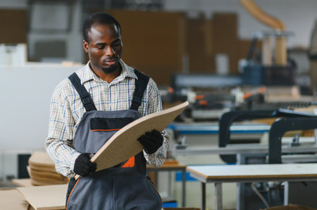 Skilled carpenter carefully inspecting a wood panel, ensuring quality in a bustling furniture...
