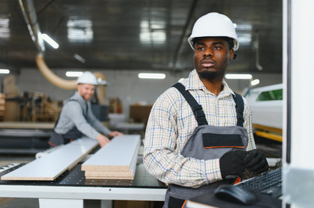 Two factory workers operating a cnc machine in a furniture factory, producing wooden parts for sofas