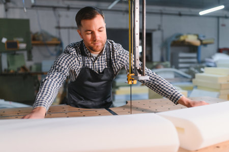 Carpenter operating a foam cutting machine in a furniture factory, skillfully preparing cushions for sofa production with precision and focusの写真素材