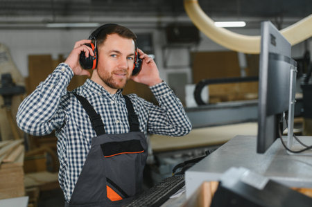 Carpenter putting on hearing protection while working with a cnc machine in a furniture factory,...