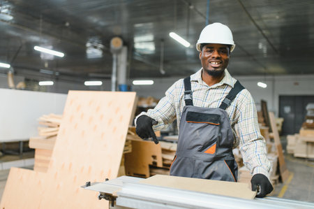 Skilled carpenter pointing at wood panel placed on sliding table saw, showcasing precision woodworking in furniture productionの写真素材